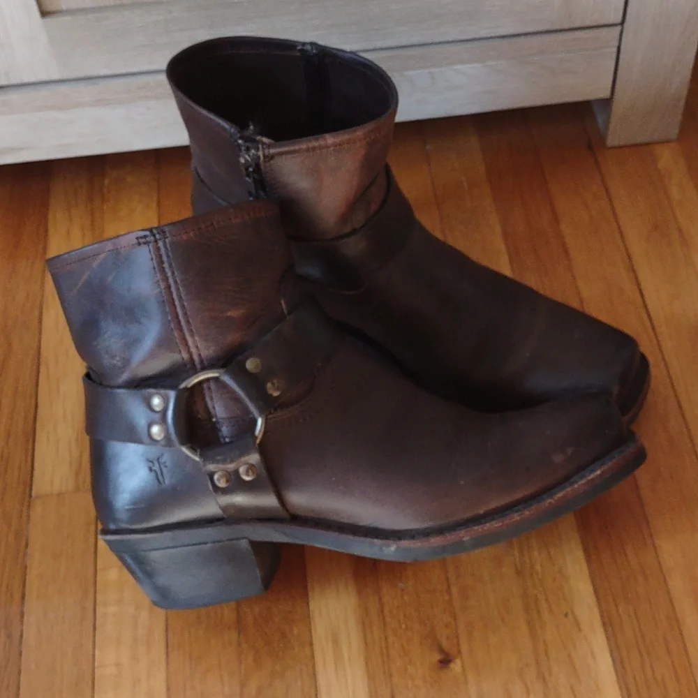 Frye Dark Brown Leather Harness Ankle Booties